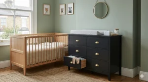 Alt text for image 7: A versatile black chest of drawers used as a nursery changing table alongside a wooden cot in a light-filled room with sage green walls.