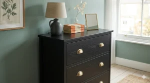 Alt text for image 6: A tall black tallboy chest of drawers with a space-saving design, perfectly suited for a narrow bedroom or dressing room corner.