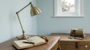 Detailed shot of brushed brass handles on a navy blue chest of drawers, adding a luxury touch to master bedroom decor.
