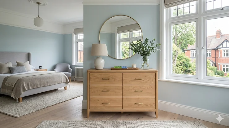 A wide-angle shot of a stylish chest of drawers for a master bedroom, styled with a ceramic lamp and mirror in a bright, modern British home. chest of drawers for master bedroom