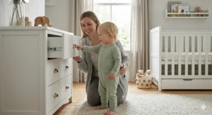 A parent demonstrating the anti-slam safety feature of soft close drawers in a nursery setting.