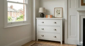 A slim 3 drawer chest of drawers fitted into a Victorian house alcove to maximise floor space.
