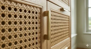 A compact 3-drawer rattan chest of drawers fitting perfectly in a narrow Victorian hallway.
