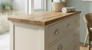 A cream chest of drawers being used as a practical changing unit in a neutral-toned baby nursery.