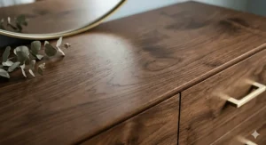 Close-up shot showing the natural dark wood grain and smooth finish of a walnut chest of drawers with a soft daylight reflection.