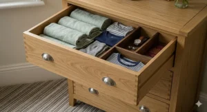 Close-up view of an open 3 drawer chest of drawers showing spacious storage for folded clothes and linens.