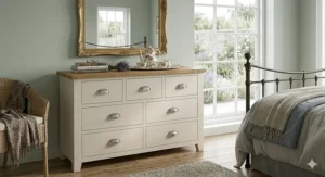 An open drawer of a cream chest of drawers showing neatly folded knitwear and linens to demonstrate deep storage capacity.