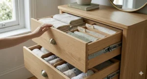 Interior view of deep drawers in a soft-close chest, neatly organised with folded clothes and linens.