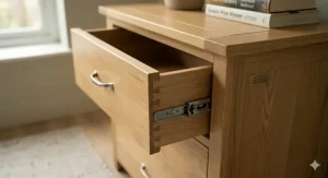 Close-up detail of traditional dovetail joints and metal runners on a high-quality 5 drawer chest of drawers.