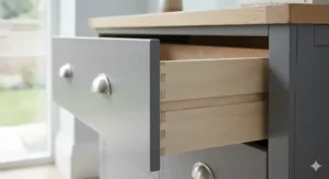 A photorealistic 4K detailed close-up photograph showcasing traditional interlocking dovetail joints on the side of a charcoal grey drawer box, highlighting high-quality craftsmanship.