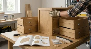 Illustration of the easy home assembly process for a flat-pack 3 drawer chest of drawers.