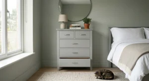 A contemporary pebble grey painted 5 drawer chest of drawers with brushed chrome handles in a neutral bedroom setting.