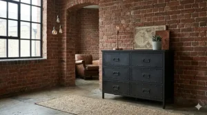 Alt text for image 5: Industrial style black metal chest of drawers with rivet details and iron handles, positioned against a rustic reclaimed brick wall.