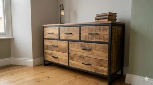 A rustic industrial-style assembled chest of drawers featuring reclaimed timber and a black metal frame.