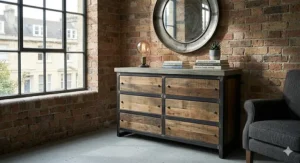 Industrial style wide chest of drawers featuring metal frames and reclaimed wood drawer fronts.