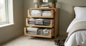 An illustration of the internal storage capacity of a 5 drawer chest showing folded clothes and linens inside open drawers.