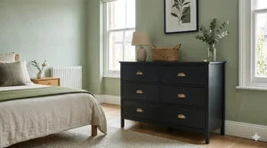 Alt text for image 4: A large 6-drawer black chest of drawers providing ample bedroom storage, styled with a ceramic lamp and a small potted plant on top.