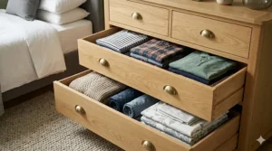 Illustration of open drawers in a 6 drawer chest showing folded clothes and linens for optimal bedroom storage.