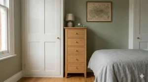 A tall, narrow five-drawer tallboy chest of drawers delivered fully assembled, ideal for compact UK bedroom spaces.