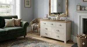 A large six-drawer cream chest of drawers providing ample storage space in a guest bedroom.