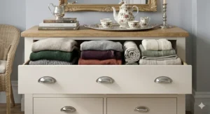 A low cream chest of drawers styled as a sideboard in a classic British living room featuring a green velvet sofa.