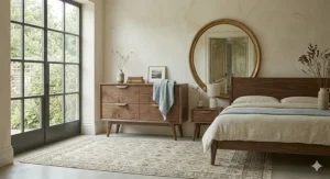 A mid century modern chest of drawers used as a sideboard in a London-style living room.
