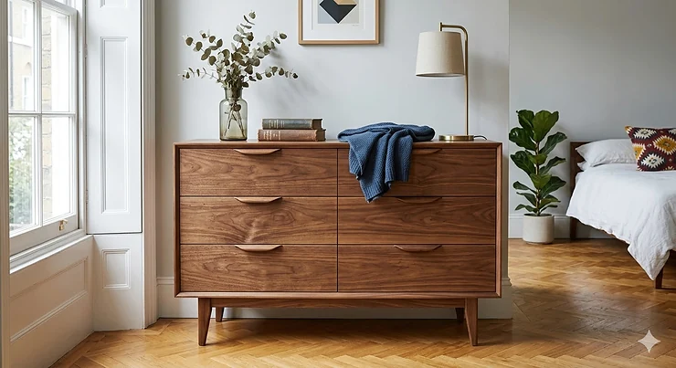 A sleek mid century modern chest of drawers in teak wood, styled in a contemporary British bedroom with a ceramic vase and lamp. mid century modern chest of drawers