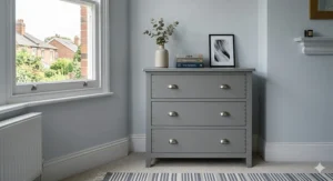 Contemporary grey painted 3 drawer chest of drawers with brushed chrome handles.
