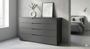 Sleek modern wide chest of drawers in matt grey finish with integrated handles.