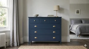 A coordinated bedroom set featuring a navy blue chest of drawers against a light grey wall.
