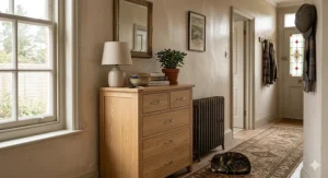 A narrow 5 drawer chest of drawers used as a space-saving storage solution in a compact UK hallway with a radiator.