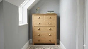 Illustration of a tall, narrow 6 drawer chest of drawers (tallboy) fitting into a compact UK bedroom alcove.