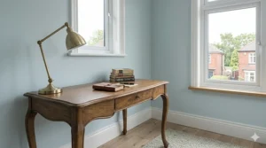A slim tallboy chest of drawers designed to fit smaller master bedroom alcoves, finished in a soft neutral grey.