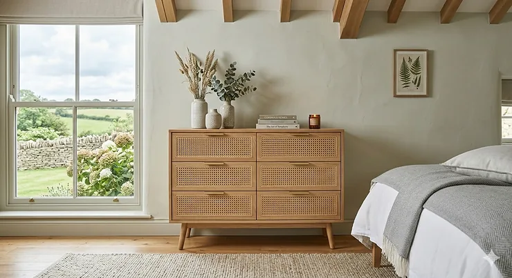 A high-quality solid oak and rattan chest of drawers styled in a bright, modern British bedroom with a ceramic vase and neutral decor. rattan chest of drawers