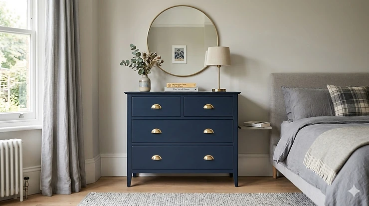 A classic navy blue chest of drawers with brass handles styled in a modern British master bedroom. navy blue chest of drawers