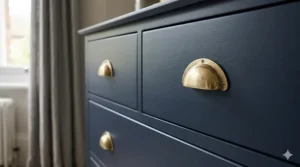 Close-up of polished brass cup handles on a matte navy blue chest of drawers.