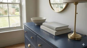 A navy blue chest of drawers topped with a gold-framed mirror and ceramic vases.