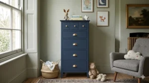 Sturdy navy blue chest of drawers with rounded edges in a neutral-toned children's nursery.
