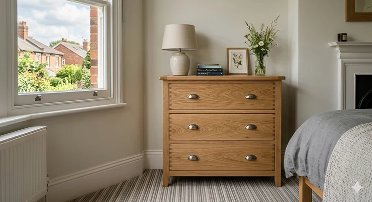 A classic oak 3 drawer chest of drawers styled in a modern British bedroom with a lamp and books on top. 3 drawer chest of drawers