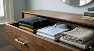 An open walnut chest of drawers showing ample storage capacity with neatly folded shirts and knitwear in a domestic UK setting.