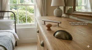 Illustration of customisable handle options including a wooden knob, steel T-bar, and antique brass cup handle for pine furniture.