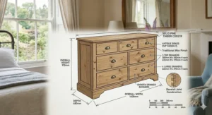 Technical illustration showing the 1400mm width and 910mm height dimensions of a solid pine timber chest of drawers.