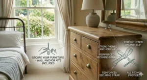 A safety guide showing the reinforced wall anchor kit and securing straps included with the pine chest of drawers.