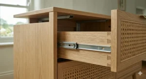 Close-up of the robust solid oak construction and smooth metal runners on a premium rattan chest of drawers, showcasing high-quality British joinery.