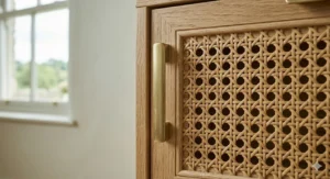 An extreme close-up of a detailed brushed brass handle mounted on the intricate natural woven rattan panel of a bedroom chest of drawers.