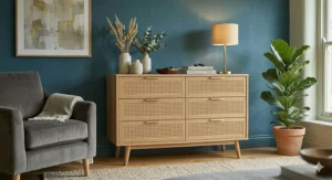 A stylish oak and rattan chest of drawers used as a sideboard in a UK living room, styled with curated vases, books, and a lamp under soft, natural light.