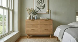 A stylish oak and rattan chest of drawers styled in a minimalist Scandi-inspired UK bedroom with neutral decor and soft natural light.