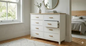 Scandinavian-inspired soft close chest of drawers in a light-filled British master bedroom.