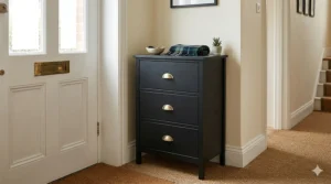 Alt text for image 2: A small, narrow black chest of drawers used for hallway storage in a compact UK home next to a white front door and neutral stair runner.