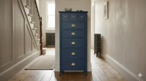 A slim navy blue tallboy chest of drawers, ideal for narrow hallways or small UK bedrooms.